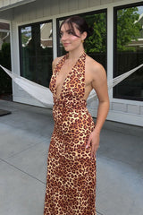 Leopard Print Halter Backless Bodycon Maxi Dress