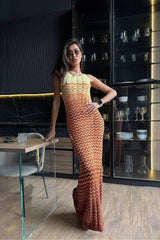 Color Block V Neck Cami Fitted Knit Maxi Dress