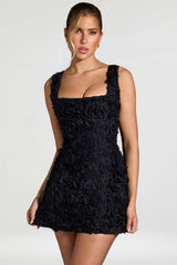 Floral-Appliqué Square-Neck Corset Mini Dress in Black