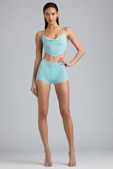Embellished Mid-Rise Hot Pant Shorts in Ice Blue