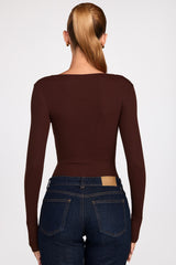 Ribbed Modal Ruched Long-Sleeve Top in Chocolate Brown
