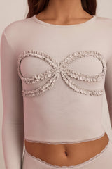 Modal Lace-Trim Appliqué Pyjama Top in Cloud Grey