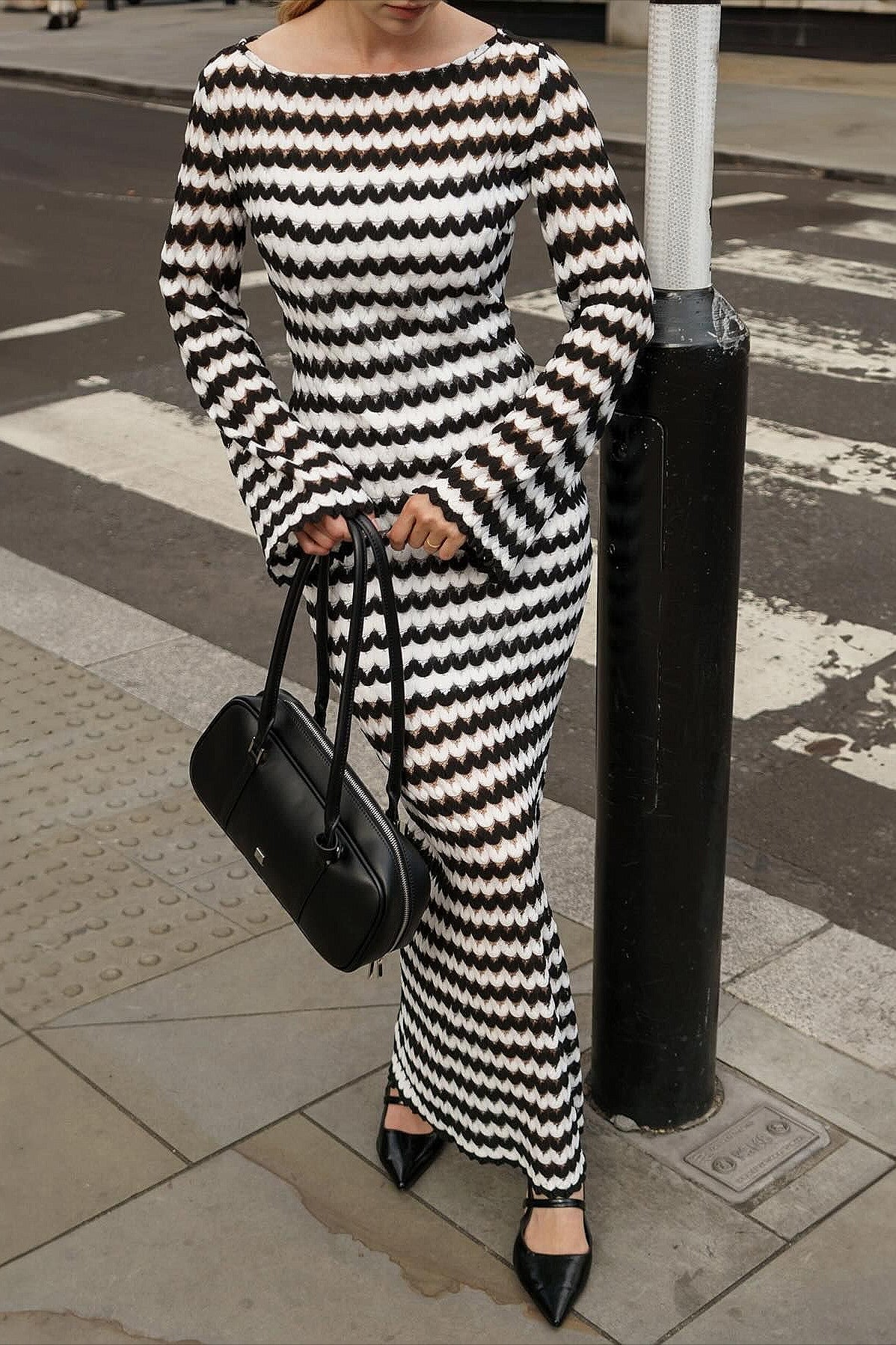 Knit Striped Long Sleeve Fitted Off Shoulder Slit Maxi Dress