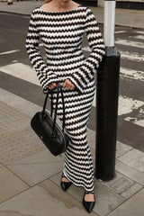 Knit Striped Long Sleeve Fitted Off Shoulder Slit Maxi Dress