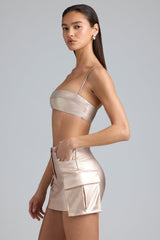 Metallic Denim Mid-Rise Cargo Mini Skirt in Champagne