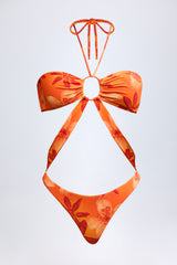 Cut-Out Halterneck Swimsuit in Orange Orchid Print