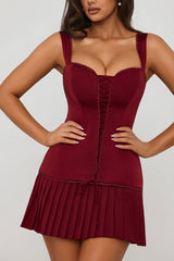 Bow-Detail Lace-Up Corset Mini Dress in Berry Red
